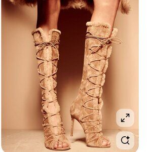 Gianvito Rossi Open-Toe Shearling Lace-Up Heel Boots, Bisque Beige, EU 39